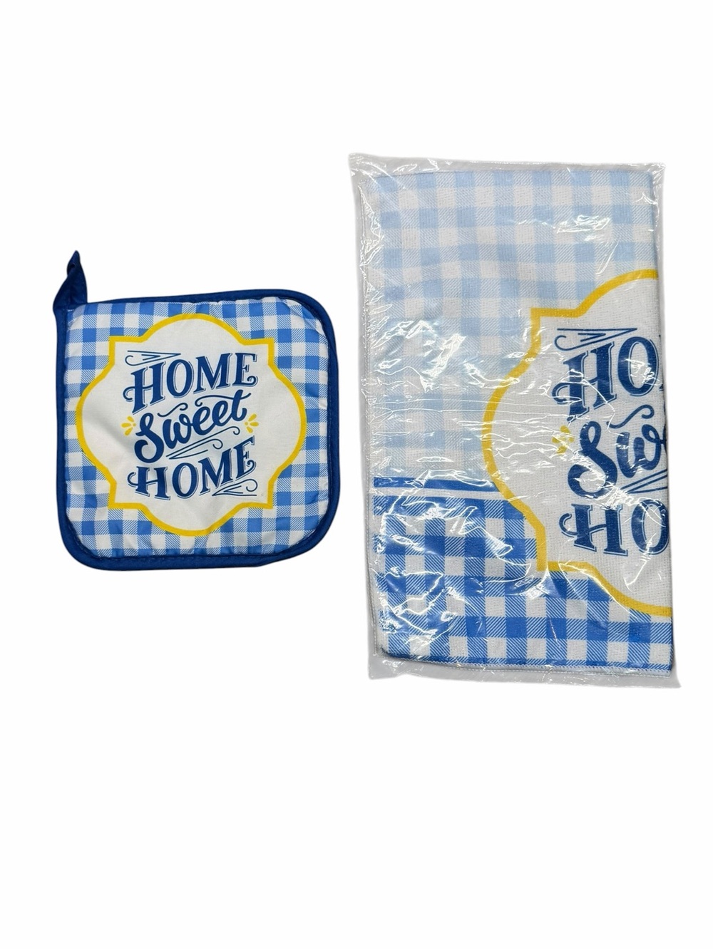 NIP Boutique White, Blue & Yellow HOME SWEET HOME Potholder & Dish Towel Set